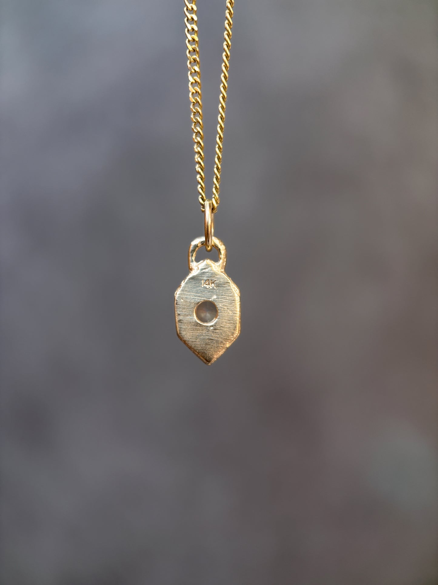 Gold necklace with a pendant against a blurred background